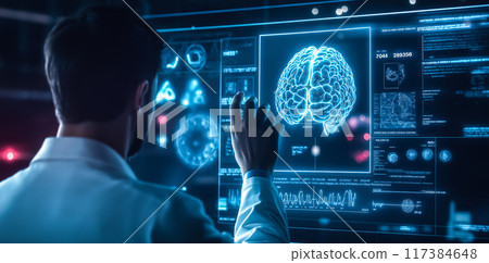 A doctor holds a holographic brain X-ray. The concept emphasizes advanced medical technology and brain health. Generative AI. 117384648