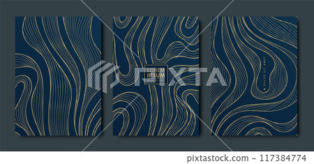 Vector set of wave sea gold on blue posters, oriental asian illustrations, luxury japan style patterns. Fancy labels. Vector set of wave sea gold on blue posters, oriental asian illustrations, luxury japan style patterns. Fancy labels. 117384774