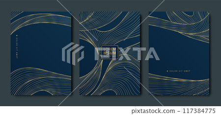Vector set of wave sea gold on blue posters, oriental asian illustrations, luxury japan style patterns. Fancy labels. Vector set of wave sea gold on blue posters, oriental asian illustrations, luxury japan style patterns. Fancy labels. 117384775