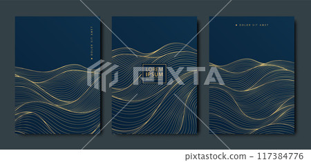 Vector set of wave sea gold on blue posters, oriental asian illustrations, luxury japan style patterns. Fancy labels. Vector set of wave sea gold on blue posters, oriental asian illustrations, luxury japan style patterns. Fancy labels. 117384776