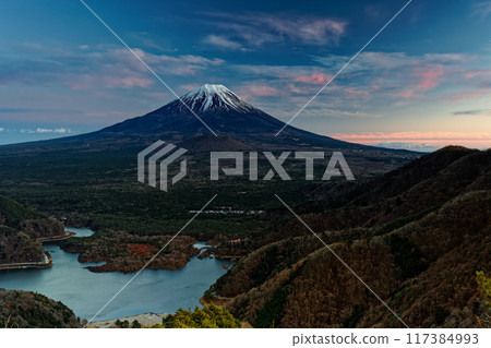 Mt. Fuji and Lake Shoji in the afterglow as seen from Shoji Pass 117384993