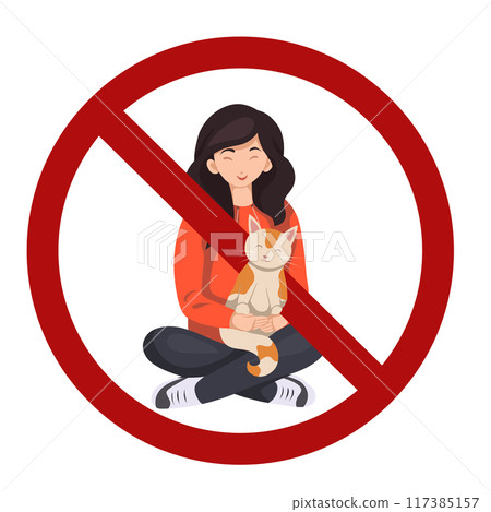 Vector forbidden sign with flat illustration of a volunteer girl with a cat. Adoption of homeless animals is prohibited 117385157