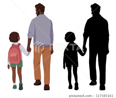 Back to school. Set of vector flat illustration and black silhouette of african father and little daughter walking to school. Father s Day. Back to school. Set of vector flat illustration and black silhouette of african father and little daughter walking to school. Father s Day. 117385161