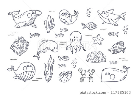 Ocean aquatic animals clipart hand doodle set. Funny Underwater mammals different species whales, shark, seal, dolphin, octopus, crab and fishes Ocean aquatic animals clipart hand doodle set. Funny Underwater mammals different species whales, shark, seal, dolphin, octopus, crab and fishes 117385163