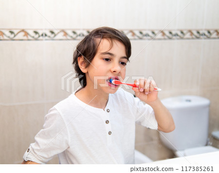 Young boy brushing teeth in bathroom 117385261
