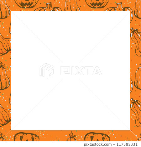 Autumn vector square frame with pumpkins and fall leaves. Hand drawn illustration. Autumn vector square frame with pumpkins and fall leaves. Hand drawn illustration. 117385331
