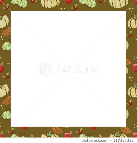 Autumn vector square frame with pumpkins and fall leaves. Hand drawn illustration. Autumn vector square frame with pumpkins and fall leaves. Hand drawn illustration. 117385332