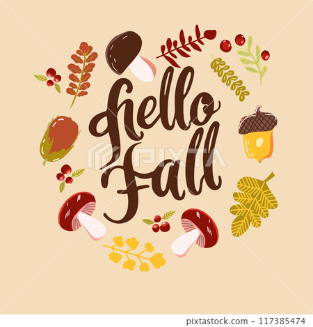 Hello Fall lettering, autumn decorative vector card. 117385474