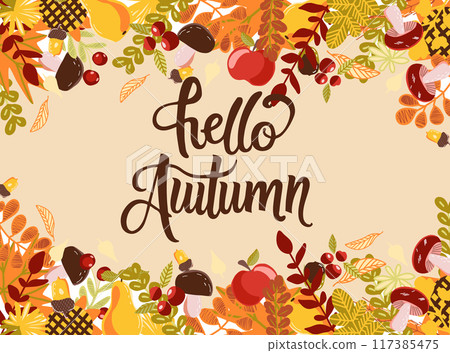 Hello autumn vector illustration, hand written lettering and fall leaves. Hello autumn vector illustration, hand written lettering and fall leaves. 117385475
