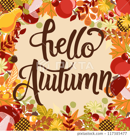 Hello autumn vector illustration, hand written lettering and fall leaves. 117385477