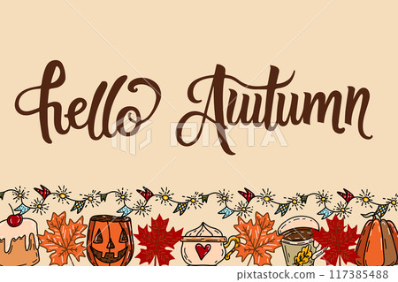 Hello autumn vector illustration, hand written lettering and fall leaves. Hello autumn vector illustration, hand written lettering and fall leaves. 117385488