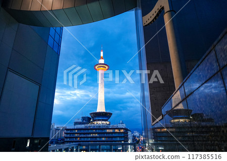 Kyoto Tower at dusk from Kyoto Station Building (Kyoto City, Kyoto Prefecture) 117385516