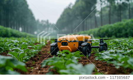 Advanced autonomous robot drone in lush green agricultural field crop monitoring. Generative AI 117385687