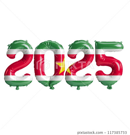 3D illustration of new year 2025 balloons on Suriname flag color, isolated on transparent background 3D illustration of new year 2025 balloons on Suriname flag color, isolated on transparent background 117385733