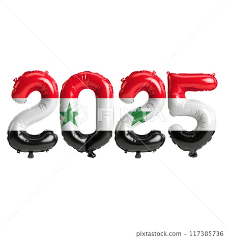 3D illustration of new year 2025 balloons on Syria flag color, isolated on transparent background 117385736