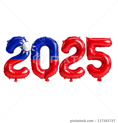 3D illustration of new year 2025 balloons on Taiwan flag color, isolated on transparent background 117385737