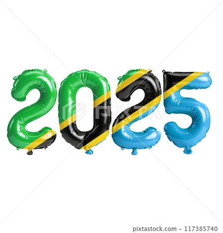 3D illustration of new year 2025 balloons on Tanzania flag color, isolated on transparent background 117385740