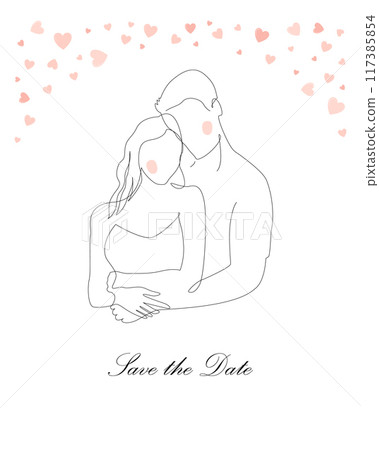 Svae the date card design. Continuous single line sketch drawing of romantic couple hugging together with love. One line art of valentine couple, vector illustration 117385854