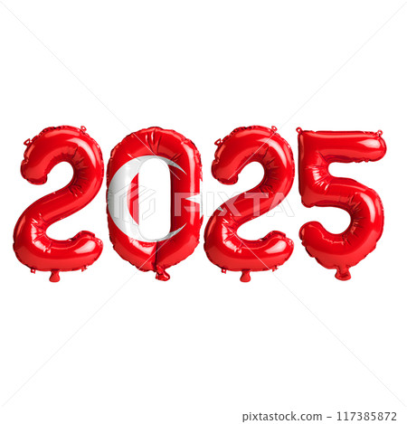 3D illustration of new year 2025 balloons on Turkey flag color, isolated on transparent background 117385872