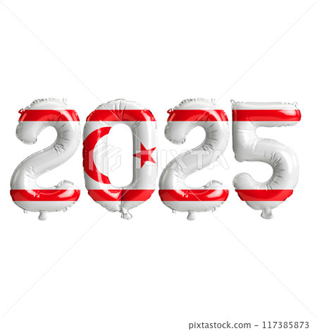 3D illustration of new year 2025 balloons on Turkish Republic of Northern Cyprus flag color, isolated on transparent background 117385873