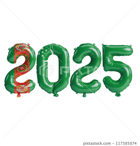 3D illustration of new year 2025 balloons on Turkmenistan flag color, isolated on transparent background 3D illustration of new year 2025 balloons on Turkmenistan flag color, isolated on transparent background 117385874