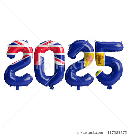 3D illustration of new year 2025 balloons on Turks and Caicos Islands flag color, isolated on transprent background 117385875