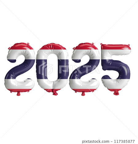 3D illustration of new year 2025 balloons on Thailand flag color, isolated on transparent background 3D illustration of new year 2025 balloons on Thailand flag color, isolated on transparent background 117385877