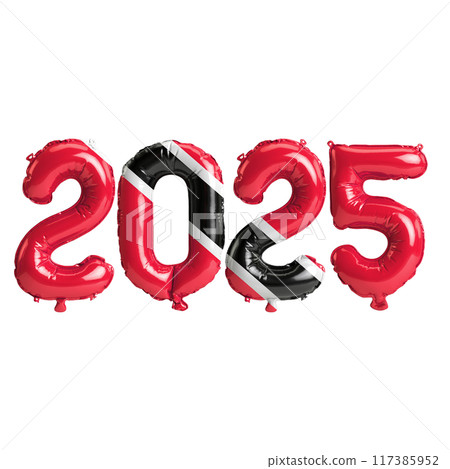 3D illustration of new year 2025 balloons on Trinidad and Tobago flag color, isolated on transparent background 117385952