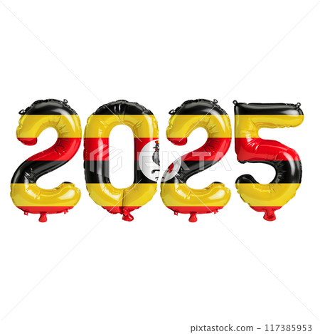 3D illustration of new year 2025 balloons on Uganda flag color, isolated on transparent background 3D illustration of new year 2025 balloons on Uganda flag color, isolated on transparent background 117385953
