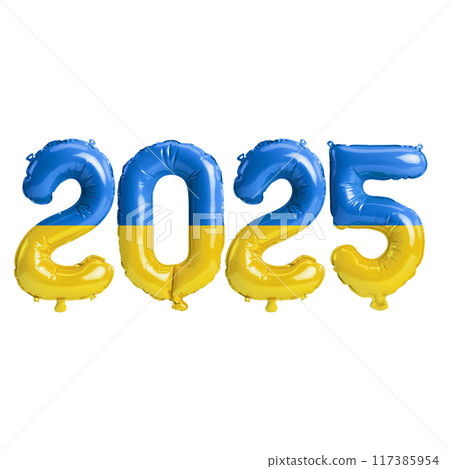 3D illustration of new year 2025 balloons on Ukraine flag color, isolated on transparent background 3D illustration of new year 2025 balloons on Ukraine flag color, isolated on transparent background 117385954