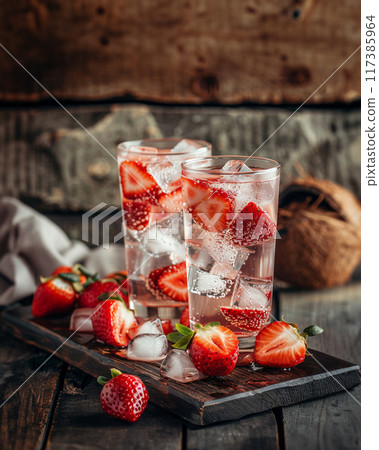 A glass with infused water with strawberries, coconut and mint 117385964