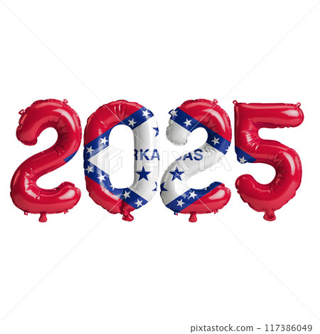 3D illustration of New Year 2025 balloons on the US state flag of Arkansas, isolated on a transparent background 117386049