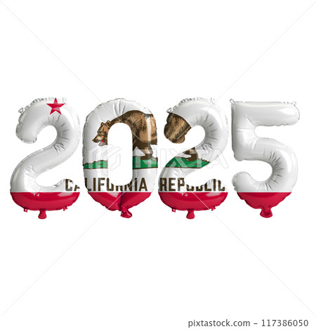 3D illustration of New Year 2025 balloons on the US state flag of California, isolated on a transparent background 117386050