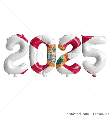 3D illustration of New Year 2025 balloons on the US state flag of Florida, isolated on a transparent background 117386054