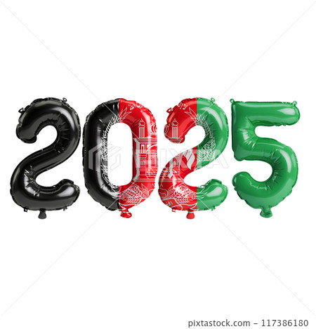 3D illustration of new year 2025 balloons on flag color, isolated on transparent background 117386180