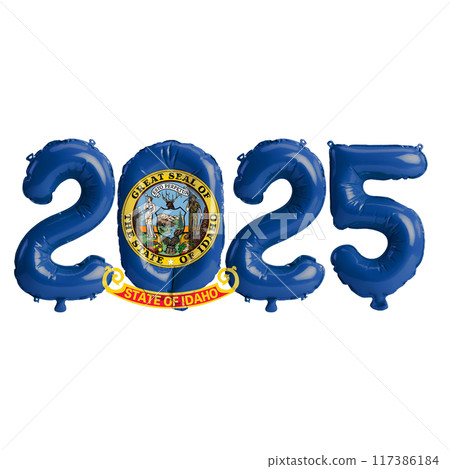 3D illustration of New Year 2025 balloons on the US state flag of Idaho, isolated on a transparent background 117386184
