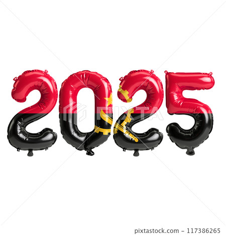 3D illustration of new year 2025 balloons on Angola flag color, isolated on transparent background 117386265
