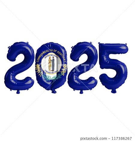 3D illustration of New Year 2025 balloons on the US state flag of Kentucky, isolated on a transparent background 3D illustration of New Year 2025 balloons on the US state flag of Kentucky, isolated on a transparent background 117386267