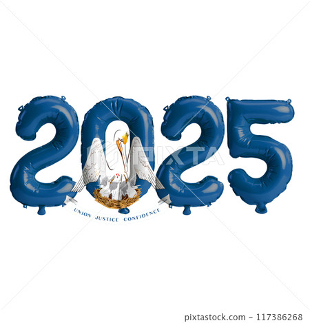 3D illustration of New Year 2025 balloons on the US state flag of Louisiana, isolated on a transparent background 117386268