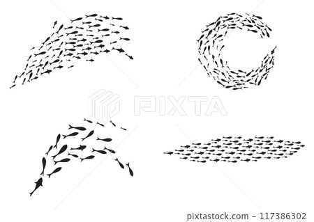 Dynamic Black flock of swimming fish 117386302