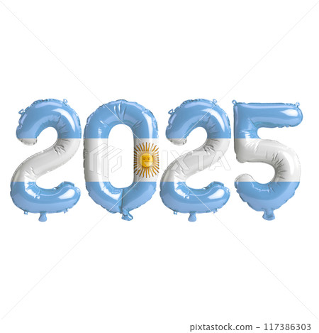 3D illustration of new year 2025 balloons on Argentina flag color, isolated on transparent background 117386303