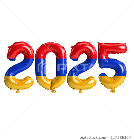 3D illustration of new year 2025 balloons on Armenia flag color, isolated on transparent background 117386304