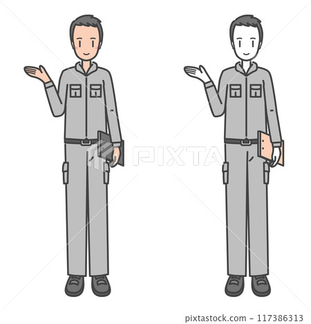 一名穿著工作服的男工人。接待、訊息、商務禮儀和微笑的插圖。 一名穿著工作服的男工人。接待、訊息、商務禮儀和微笑的插圖。 117386313
