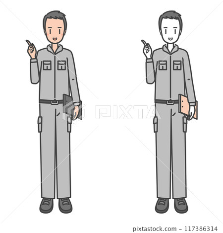 一名穿著工作服的男工人。建議、指點和呼叫、現場和笑臉的插圖。 117386314
