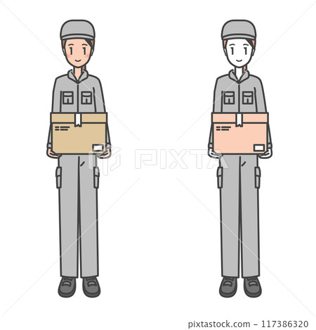 A working female delivery person/worker. Holding a cardboard box of goods (set of color and monochrome) 117386320