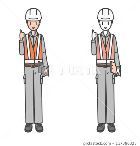 女工頭戴安全帽、螢光背心、圍脖，安全檢查！ （彩色和單色） 117386323