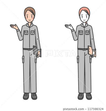 A female worker wearing work clothes. Illustration of reception, guidance, business etiquette and smile. A female worker wearing work clothes. Illustration of reception, guidance, business etiquette and smile. 117386324