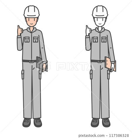 Male worker wearing a helmet, safety check! (Set of color and monochrome) 117386328