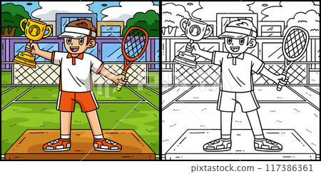 Tennis Player with a Trophy Coloring Illustration Tennis Player with a Trophy Coloring Illustration 117386361