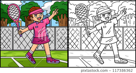 Tennis Girl Holding Racket Coloring Illustration Tennis Girl Holding Racket Coloring Illustration 117386362